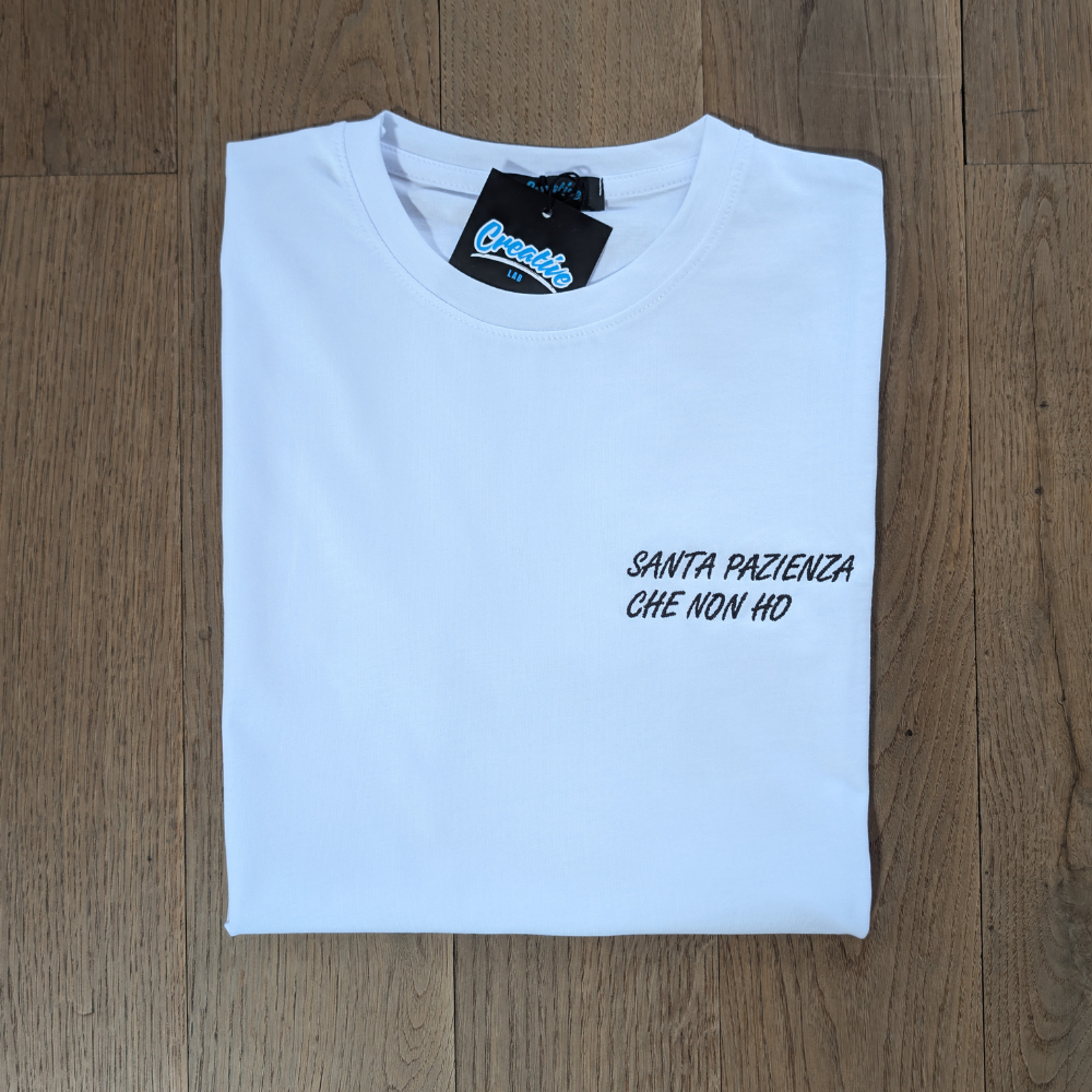 T-shirt Donna "SANTA PAZIENZA CHE NON HO" – Ricamo lato cuore
