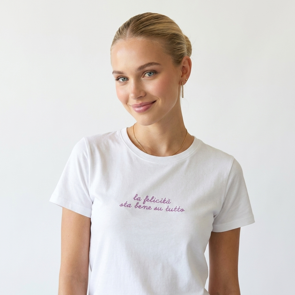 Women's Embroidered T-Shirt "Happiness Looks Good on Everything"