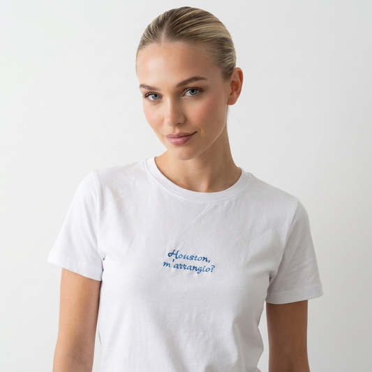 T-shirt Donna Ricamata " Houston m'arrangio? "
