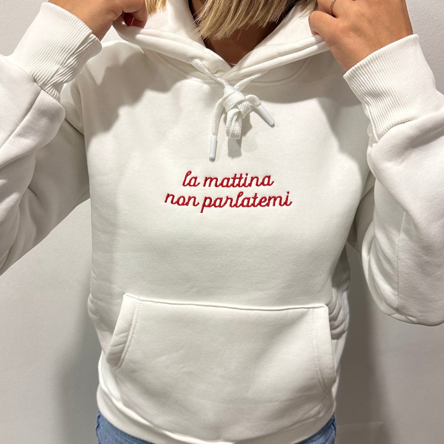 Felpa Donna con Cappuccio "la mattina non parlatemi" – Ricamo centrale
